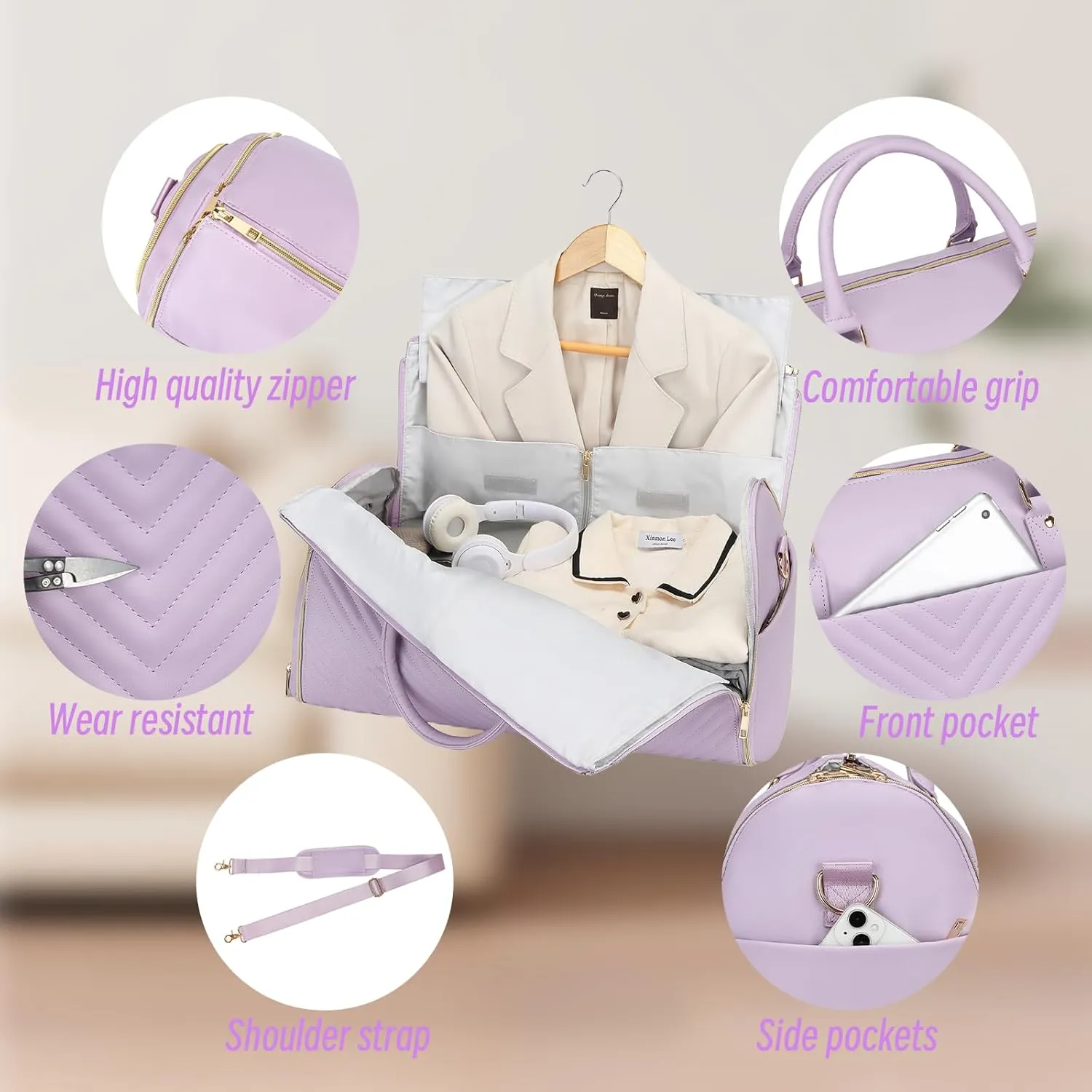 Pro Rolling Garment Bag - Detachable Handle & Extended Base, Waterproof PVC Leather with Shoe/Cosmetic Pockets, Silent Wheels for Air Travel/Weddings (48.5" Hanging System)Purple