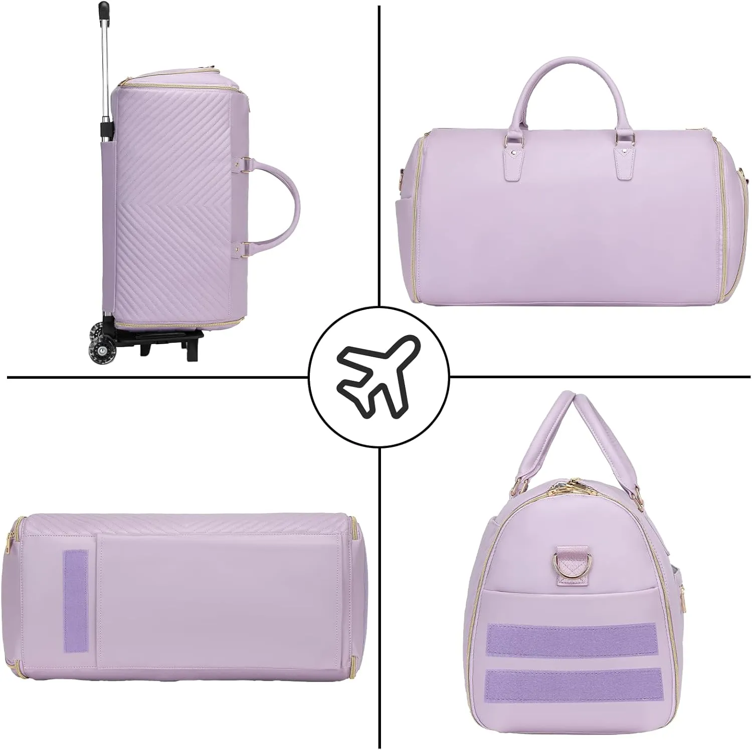 Pro Rolling Garment Bag - Detachable Handle & Extended Base, Waterproof PVC Leather with Shoe/Cosmetic Pockets, Silent Wheels for Air Travel/Weddings (48.5" Hanging System)Purple