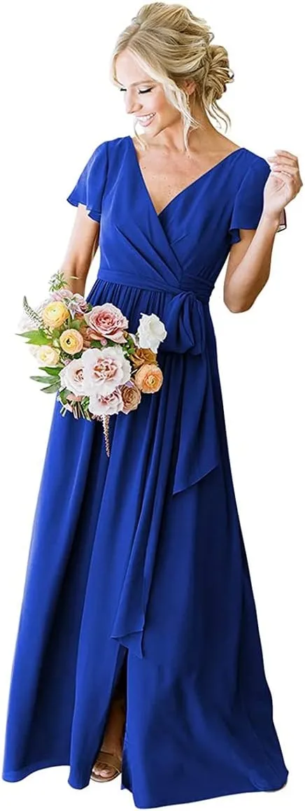 Royal Blue Short Sleeve Bridesmaid Dresses Plus Size for Women with Pockets Long Chiffon Formal Dresses Evening Gown 22W