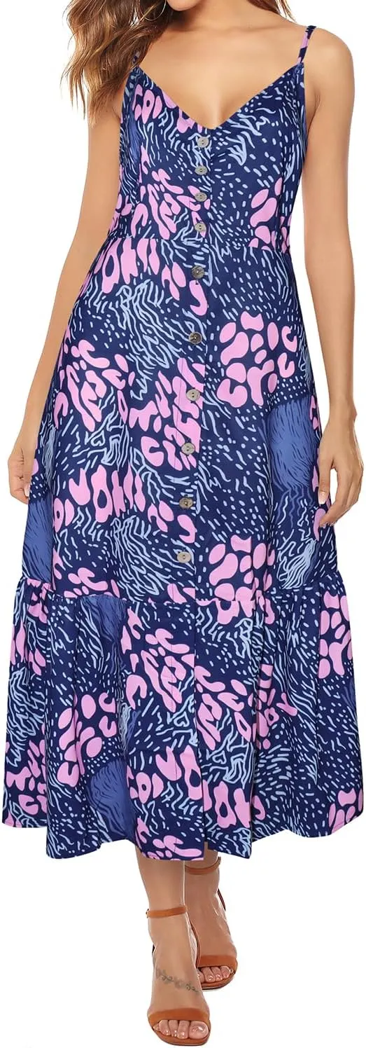 ROYLAMP Women's 2024 Summer Floral Dress Spaghetti Strap Sleeveless Button V-Neck Split Ruffle Hem Boho Beach Midi Dresses