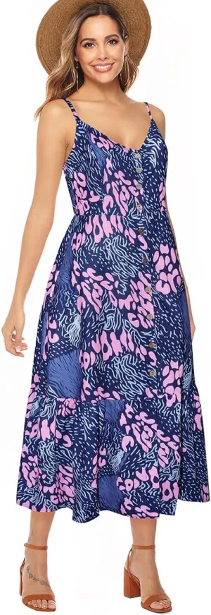 ROYLAMP Women's 2024 Summer Floral Dress Spaghetti Strap Sleeveless Button V-Neck Split Ruffle Hem Boho Beach Midi Dresses