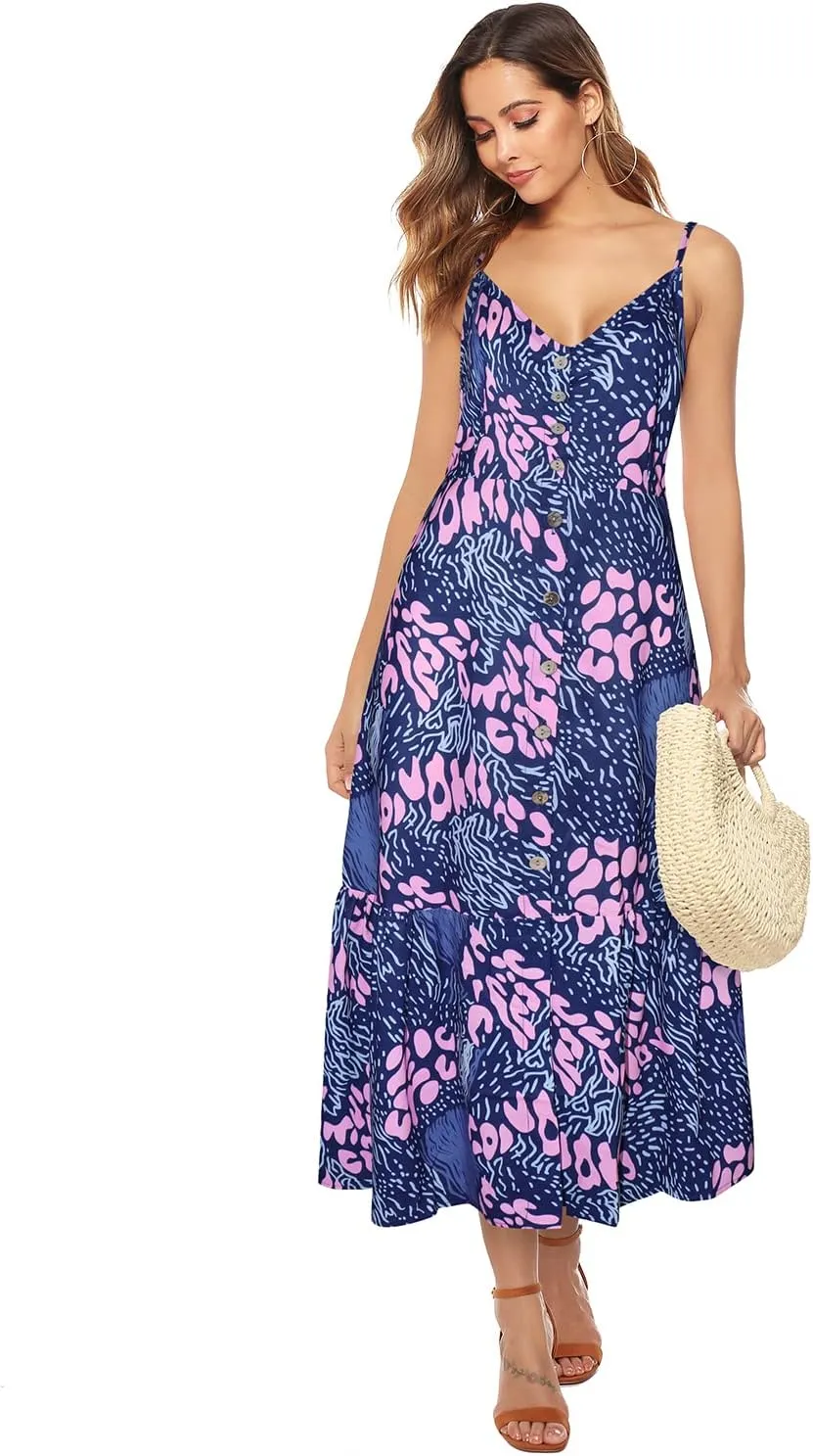 ROYLAMP Women's 2024 Summer Floral Dress Spaghetti Strap Sleeveless Button V-Neck Split Ruffle Hem Boho Beach Midi Dresses