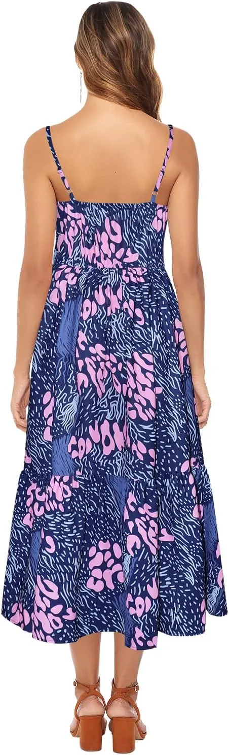 ROYLAMP Women's 2024 Summer Floral Dress Spaghetti Strap Sleeveless Button V-Neck Split Ruffle Hem Boho Beach Midi Dresses