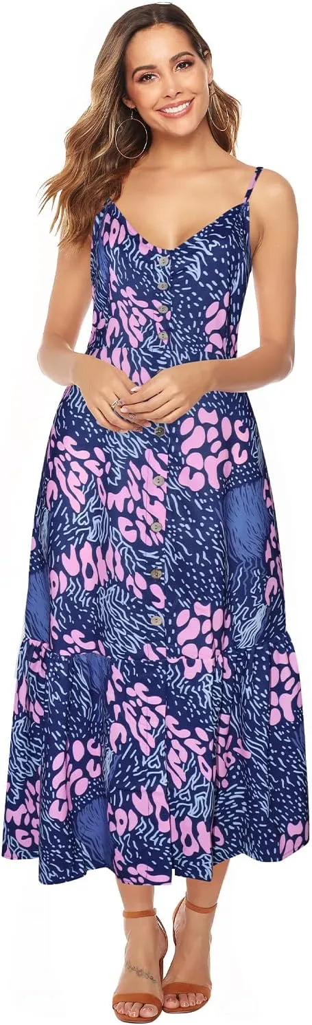 ROYLAMP Women's 2024 Summer Floral Dress Spaghetti Strap Sleeveless Button V-Neck Split Ruffle Hem Boho Beach Midi Dresses