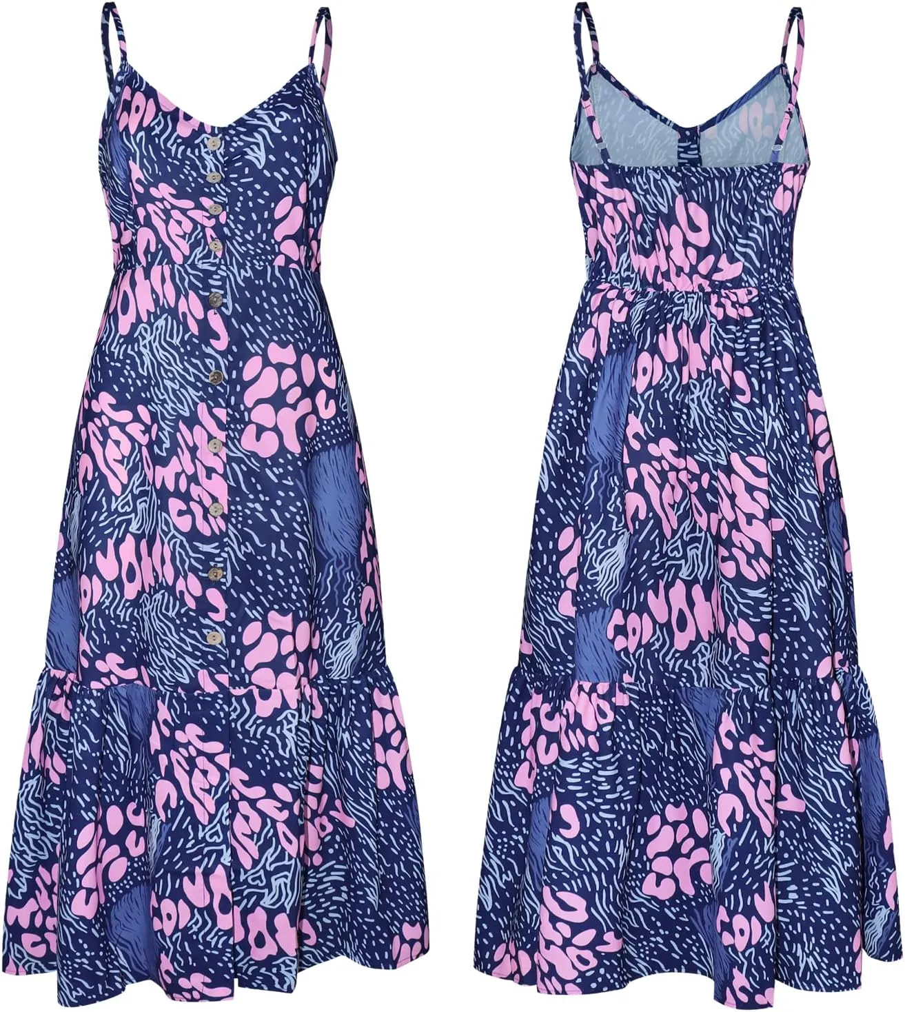 ROYLAMP Women's 2024 Summer Floral Dress Spaghetti Strap Sleeveless Button V-Neck Split Ruffle Hem Boho Beach Midi Dresses