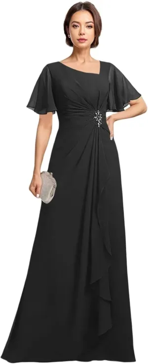 Ruffles Sleeves Mother of The Bride Dresses with Beading Asymmetrical Neck Formal Dresses with Pockets