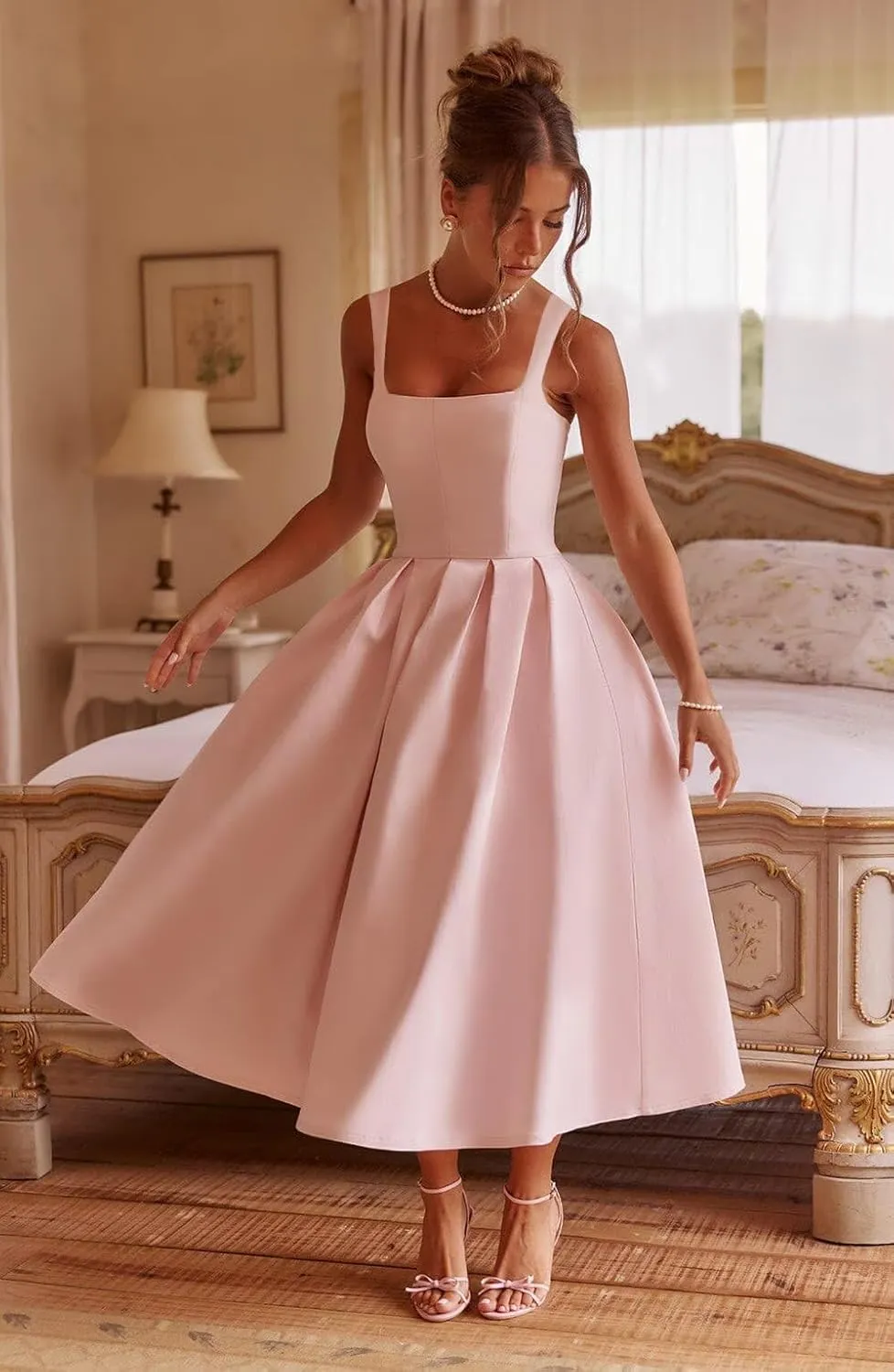 Satin Midi Prom Dresses for Women 2025 Pleated A Line Sleeveless Formal Evening Gowns with Pockets
