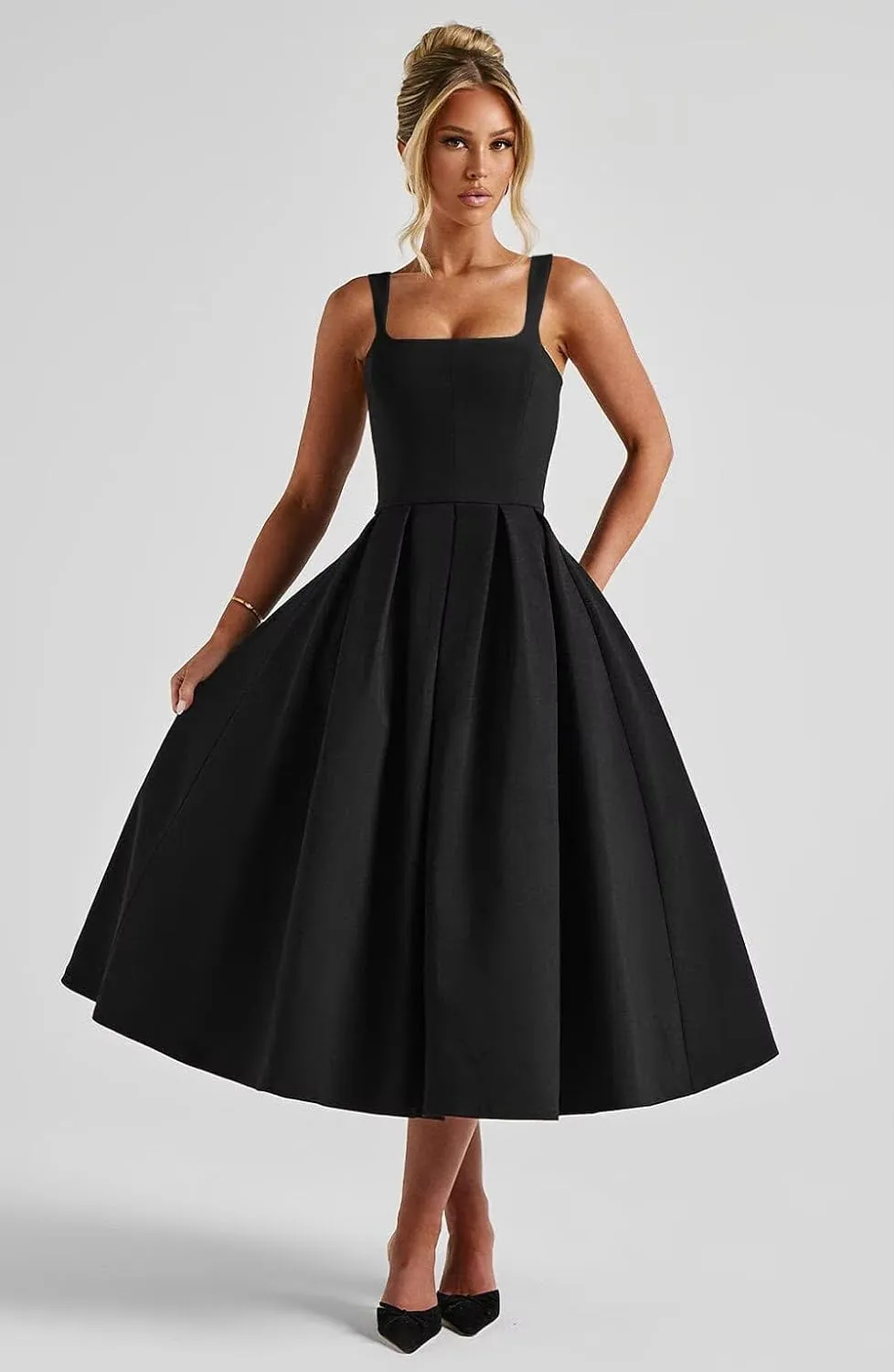 Satin Midi Prom Dresses for Women 2025 Pleated A Line Sleeveless Formal Evening Gowns with Pockets