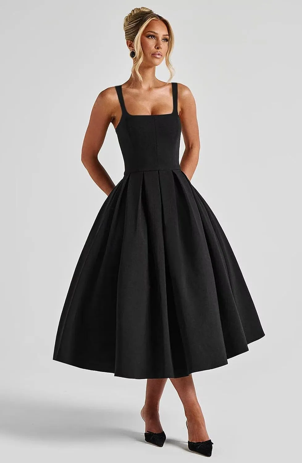 Satin Midi Prom Dresses for Women 2025 Pleated A Line Sleeveless Formal Evening Gowns with Pockets