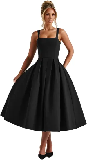 Satin Midi Prom Dresses for Women 2025 Pleated A Line Sleeveless Formal Evening Gowns with Pockets