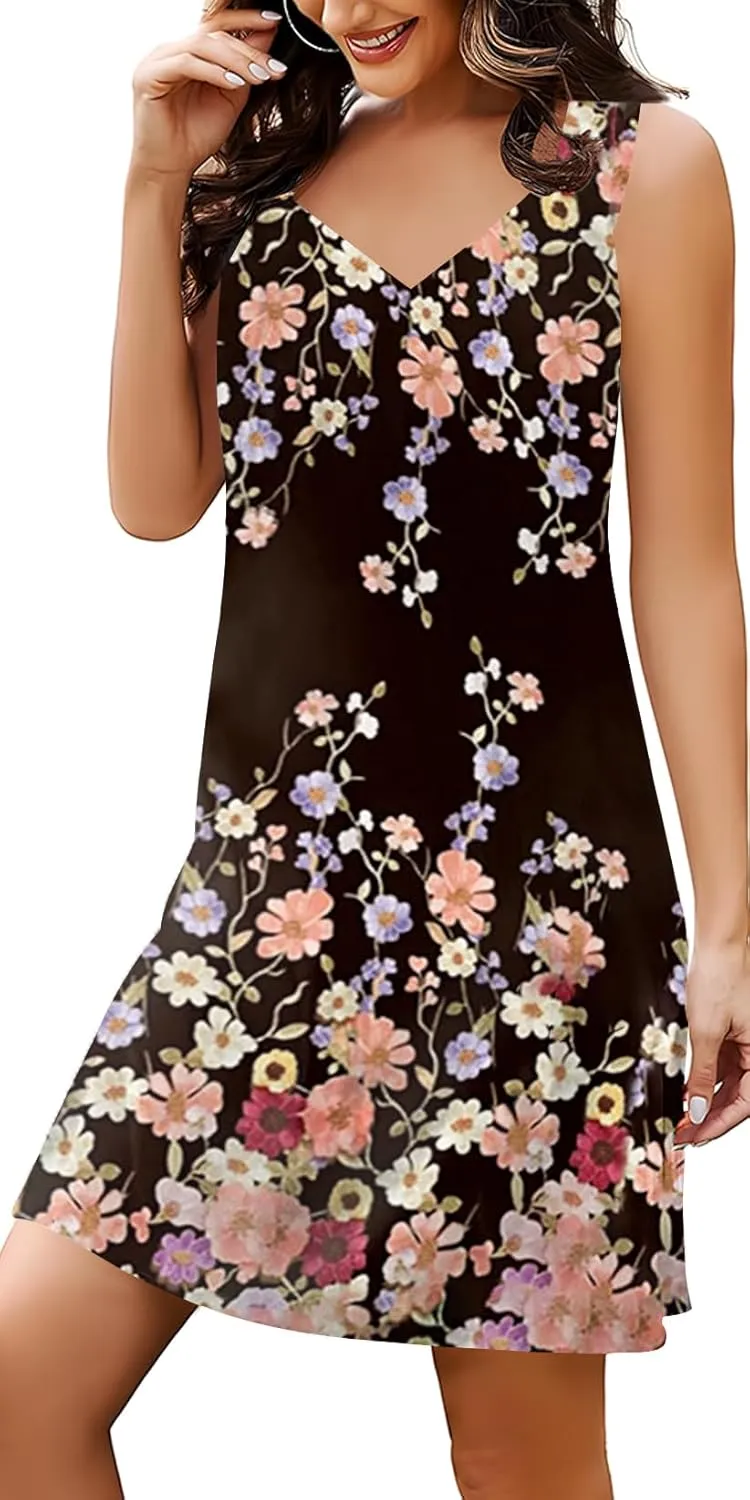 SAUKOLE Summer Dresses for Women Casual Sleeveless Tank Dress Trendy V Neck Loose Flowy Mini Sundress