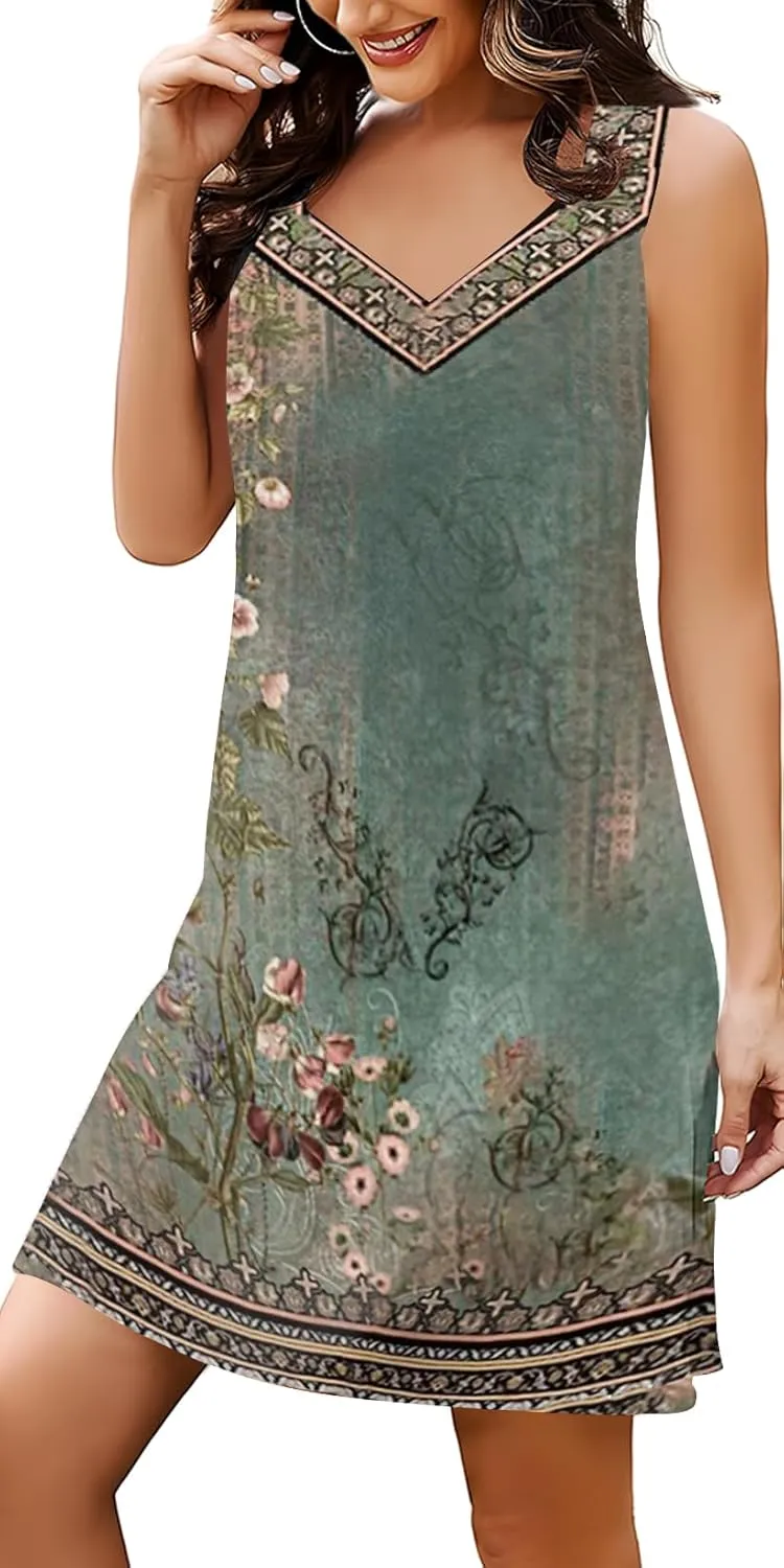 SAUKOLE Summer Dresses for Women Casual Sleeveless Tank Dress Trendy V Neck Loose Flowy Mini Sundress
