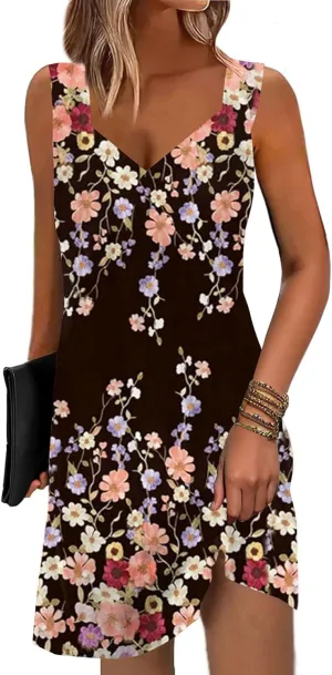 SAUKOLE Summer Dresses for Women Casual Sleeveless Tank Dress Trendy V Neck Loose Flowy Mini Sundress