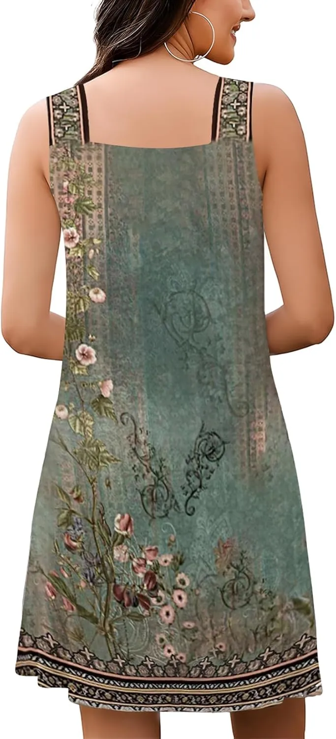 SAUKOLE Summer Dresses for Women Casual Sleeveless Tank Dress Trendy V Neck Loose Flowy Mini Sundress