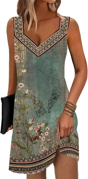 SAUKOLE Summer Dresses for Women Casual Sleeveless Tank Dress Trendy V Neck Loose Flowy Mini Sundress