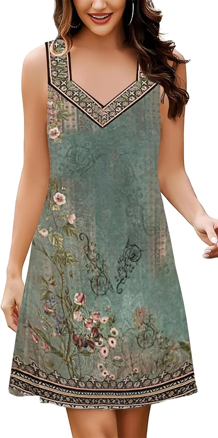 SAUKOLE Summer Dresses for Women Casual Sleeveless Tank Dress Trendy V Neck Loose Flowy Mini Sundress