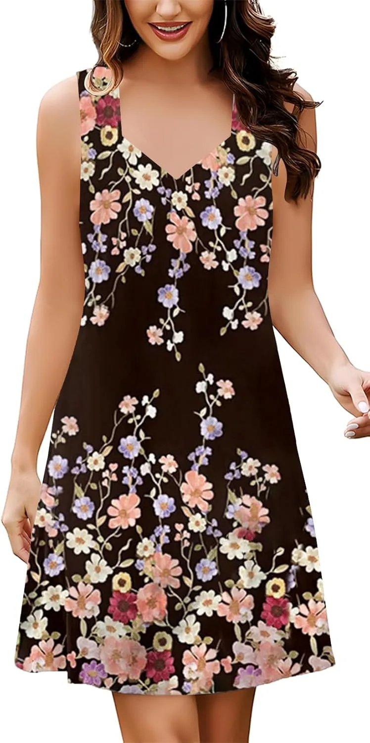 SAUKOLE Summer Dresses for Women Casual Sleeveless Tank Dress Trendy V Neck Loose Flowy Mini Sundress