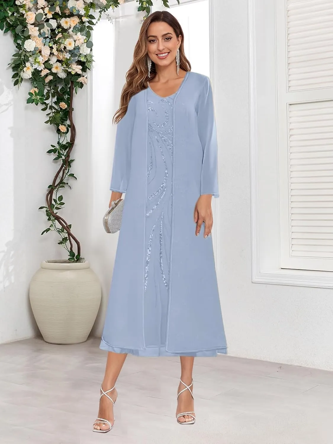 Sequin Chiffon Mother of The Bride Dresses with Jackets for Wedding Tea Length Dresses for Women Formal