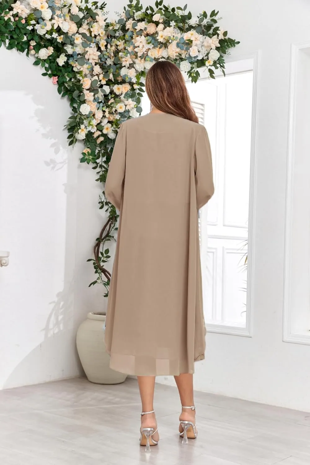 Sequin Chiffon Mother of The Bride Dresses with Jackets for Wedding Tea Length Dresses for Women Formal