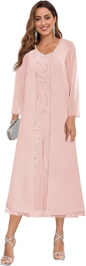 Sequin Chiffon Mother of The Bride Dresses with Jackets for Wedding Tea Length Dresses for Women Formal