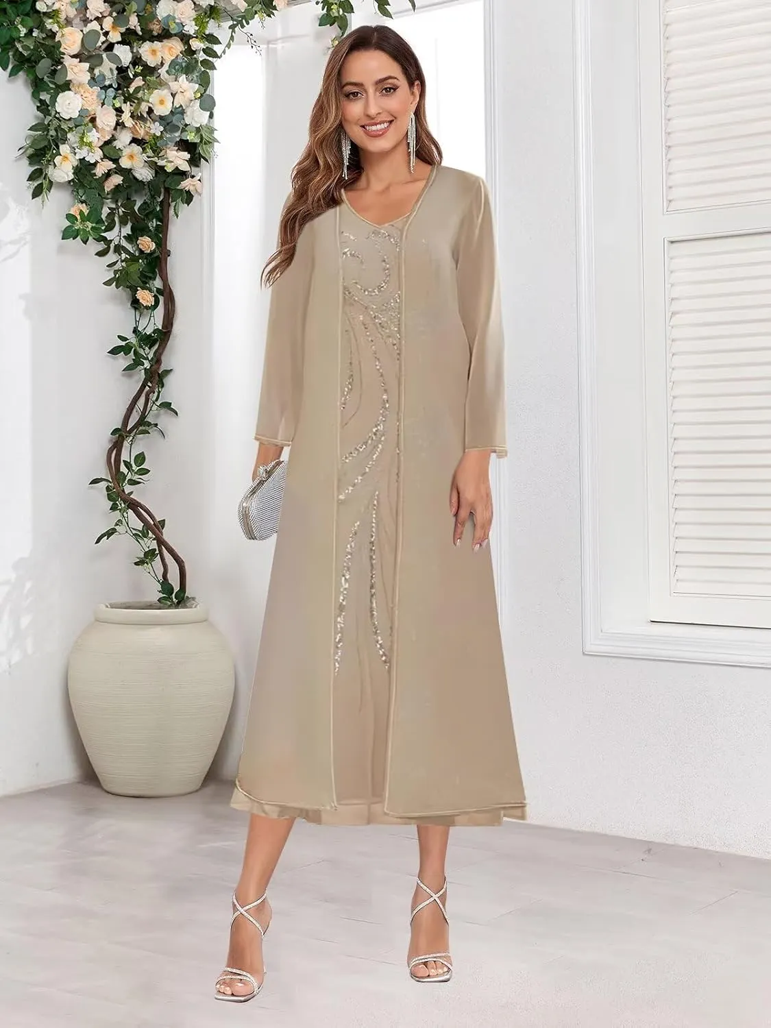 Sequin Chiffon Mother of The Bride Dresses with Jackets for Wedding Tea Length Dresses for Women Formal