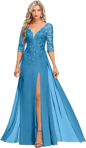 Sequins Chiffon Mother of The Bride Dresses for Wedding Lace Applique Mother of The Groom Dresses for Women with Split