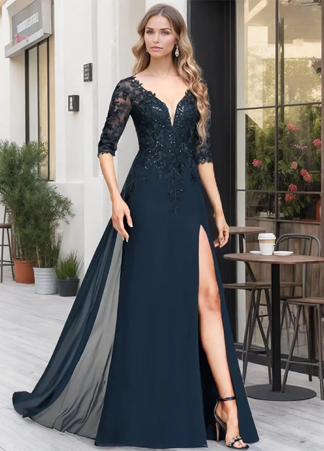 Sequins Chiffon Mother of The Bride Dresses for Wedding Lace Applique Mother of The Groom Dresses for Women with Split