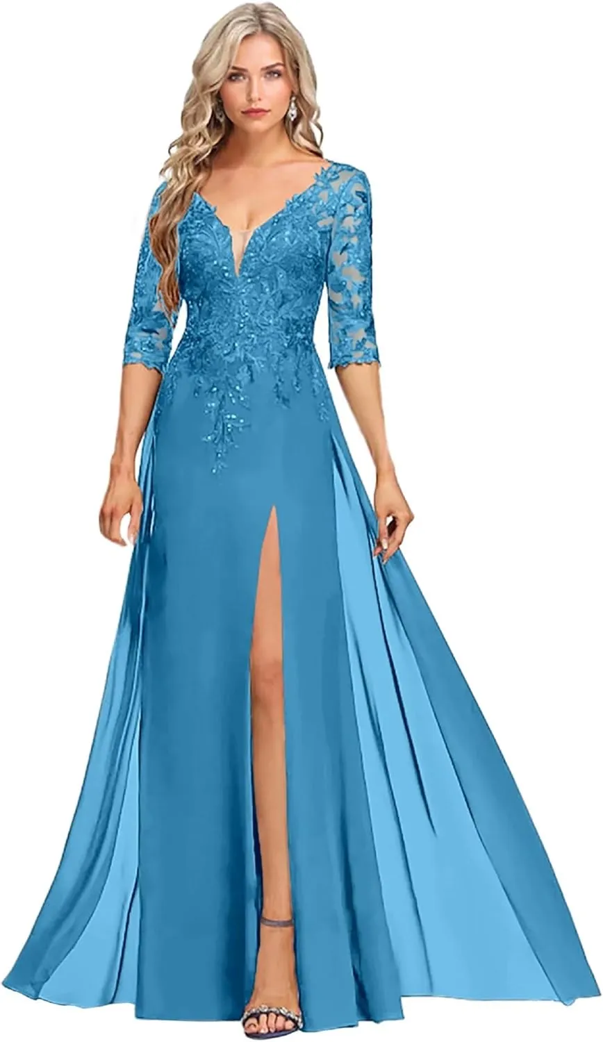 Sequins Chiffon Mother of The Bride Dresses for Wedding Lace Applique Mother of The Groom Dresses for Women with Split