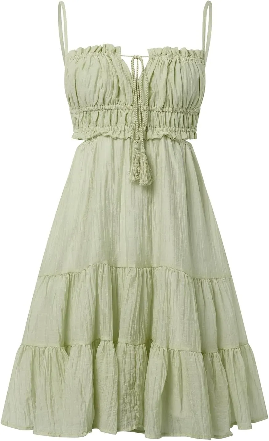 Sexy Dresses for Women Summer Spaghetti Strap Short Dress Side Cutout Drawstring Front Mini Sun Dress Prom Dresses
