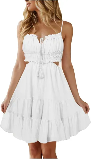Sexy Dresses for Women Summer Spaghetti Strap Short Dress Side Cutout Drawstring Front Mini Sun Dress Prom Dresses