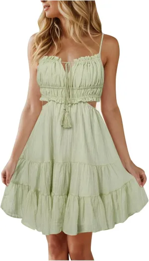 Sexy Dresses for Women Summer Spaghetti Strap Short Dress Side Cutout Drawstring Front Mini Sun Dress Prom Dresses
