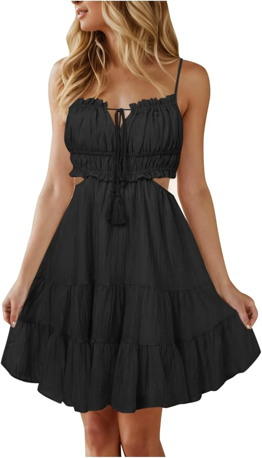 Sexy Dresses for Women Summer Spaghetti Strap Short Dress Side Cutout Drawstring Front Mini Sun Dress Prom Dresses