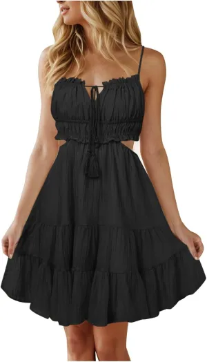 Sexy Dresses for Women Summer Spaghetti Strap Short Dress Side Cutout Drawstring Front Mini Sun Dress Prom Dresses