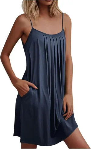 Sexy Spaghetti Strap Sundresses for Women 2025 Beach Vacation Sleeveless Tank Mini Dress Pleated Front Loose Outfits