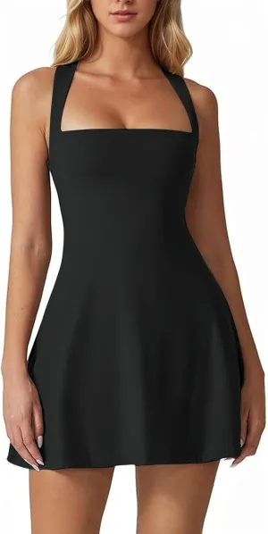 Sexyasasii Tennis Athletic Dress Built in Shorts Sleeveless Square Neck Adjustable Straps Golf Workout Dresses with Pockets