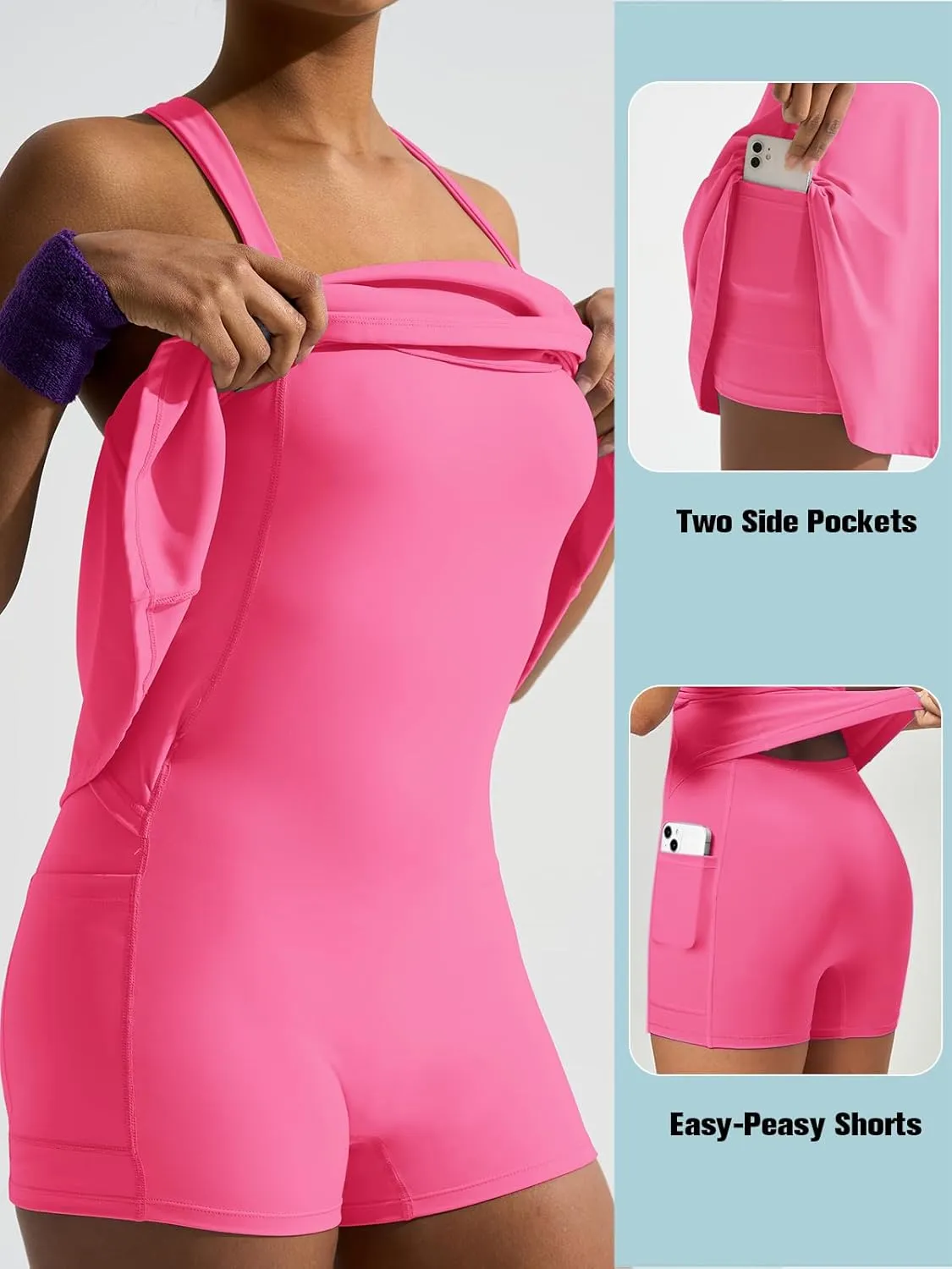 Sexyasasii Tennis Athletic Dress Built in Shorts Sleeveless Square Neck Adjustable Straps Golf Workout Dresses with Pockets