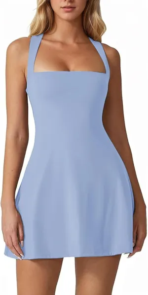 Sexyasasii Tennis Athletic Dress Built in Shorts Sleeveless Square Neck Adjustable Straps Golf Workout Dresses with Pockets
