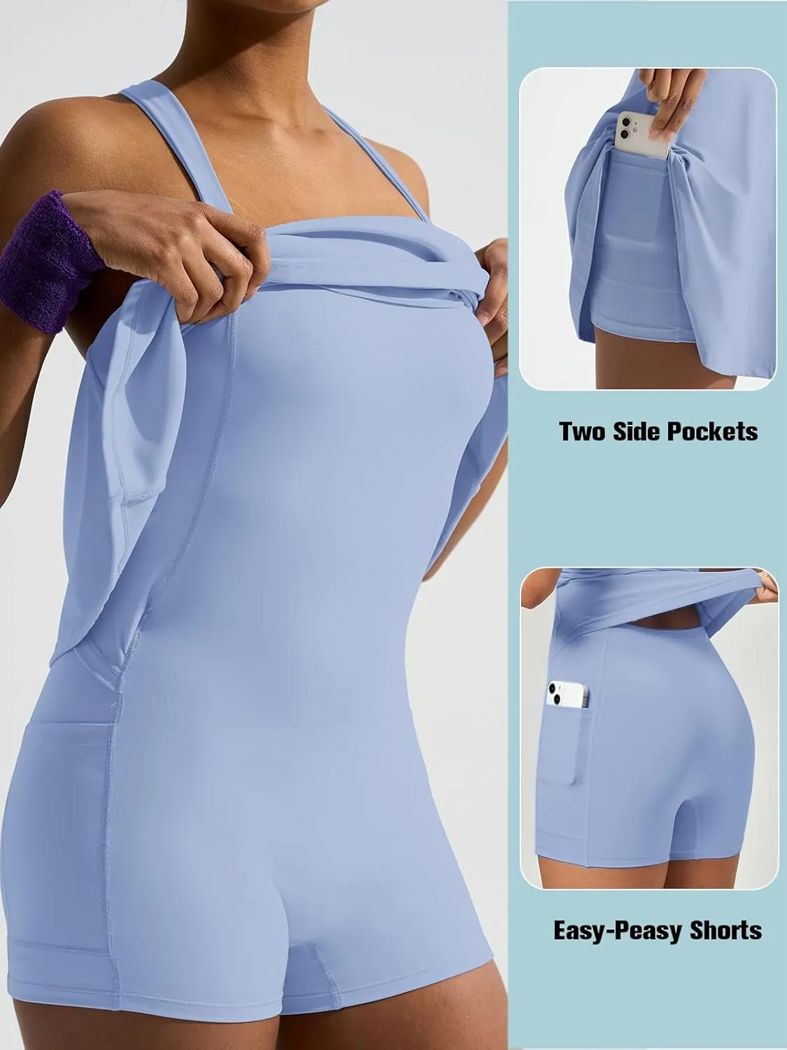 Sexyasasii Tennis Athletic Dress Built in Shorts Sleeveless Square Neck Adjustable Straps Golf Workout Dresses with Pockets