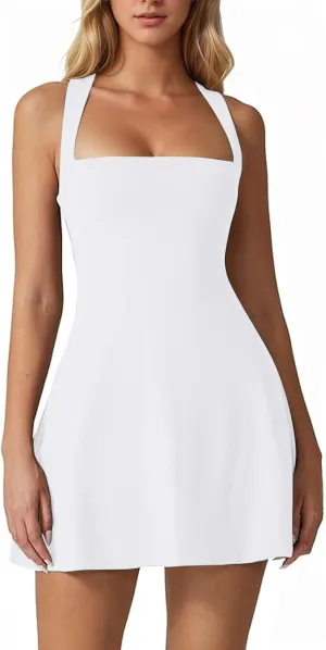Sexyasasii Tennis Athletic Dress Built in Shorts Sleeveless Square Neck Adjustable Straps Golf Workout Dresses with Pockets