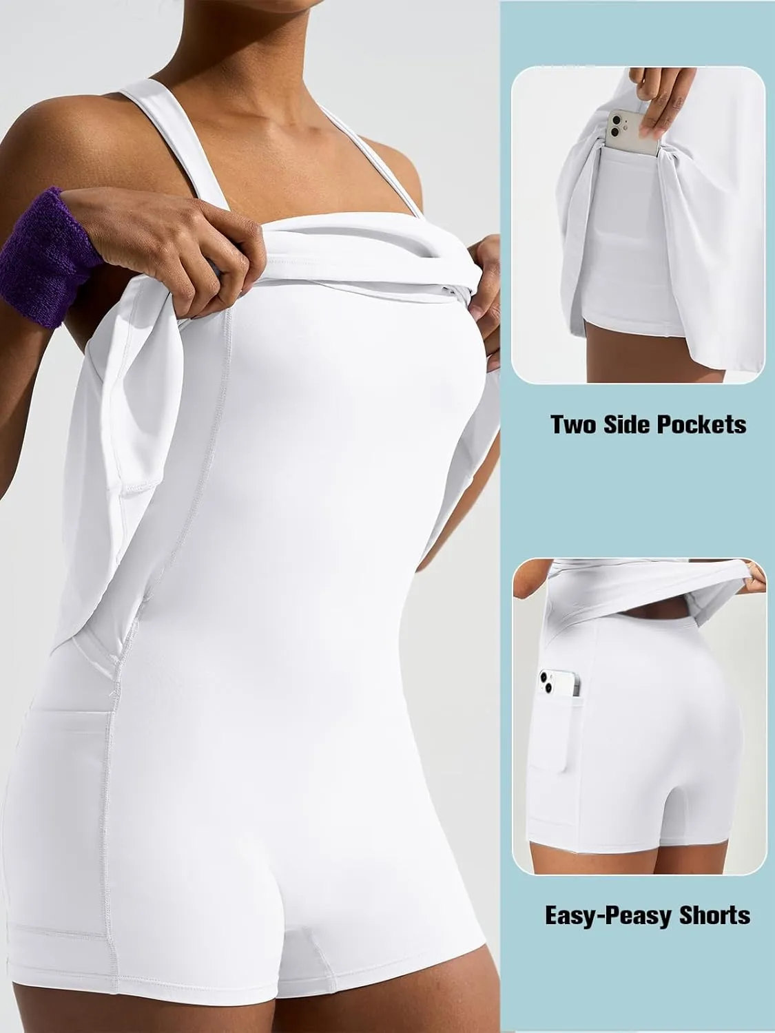 Sexyasasii Tennis Athletic Dress Built in Shorts Sleeveless Square Neck Adjustable Straps Golf Workout Dresses with Pockets