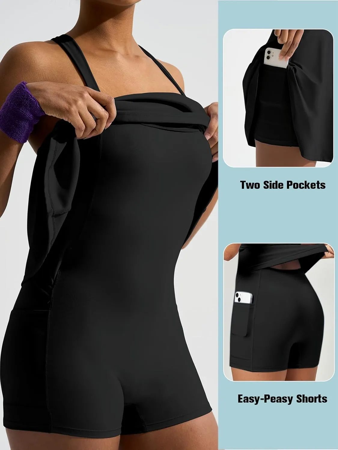 Sexyasasii Tennis Athletic Dress Built in Shorts Sleeveless Square Neck Adjustable Straps Golf Workout Dresses with Pockets