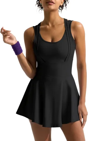 Sexyasasii Tennis Dress with Built in Shorts and Bra U Neck Sleeveless Cross Back Strap Golf Athletic Dresses with Pockets