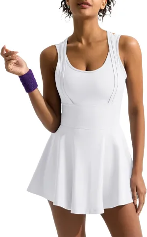 Sexyasasii Tennis Dress with Built in Shorts and Bra U Neck Sleeveless Cross Back Strap Golf Athletic Dresses with Pockets