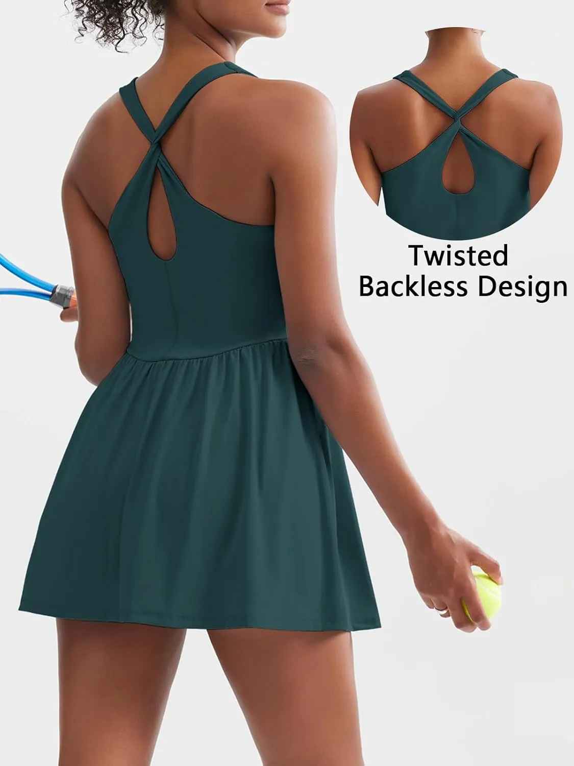 Sexyasasii Women's Summer Athletic Tennis Dress with Built in Shorts and Bra Square Neck Workout Exercise Active Golf Dresses