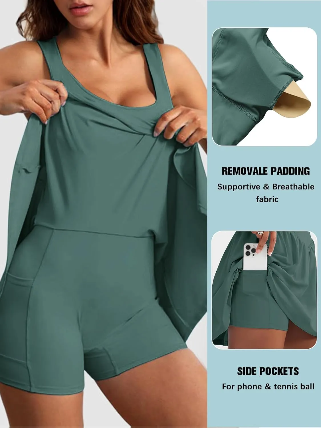 Sexyasasii Women's Summer Athletic Tennis Dress with Built in Shorts and Bra Square Neck Workout Exercise Active Golf Dresses