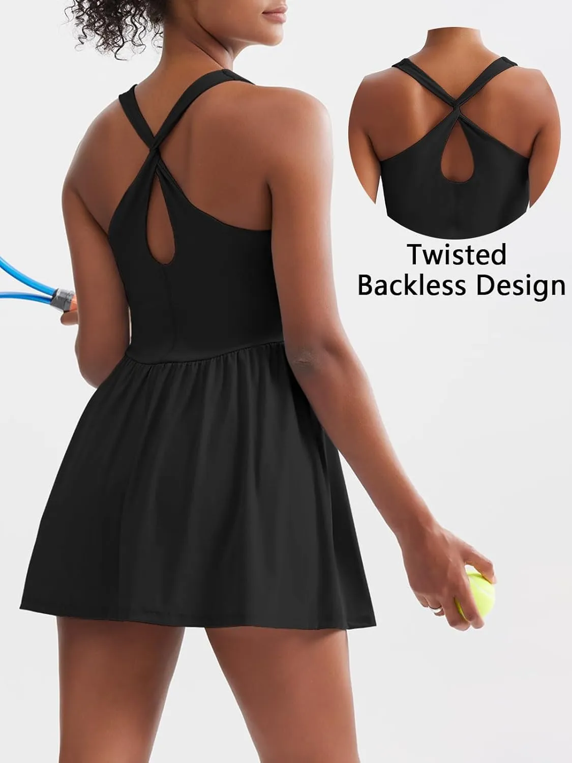 Sexyasasii Women's Summer Athletic Tennis Dress with Built in Shorts and Bra Square Neck Workout Exercise Active Golf Dresses