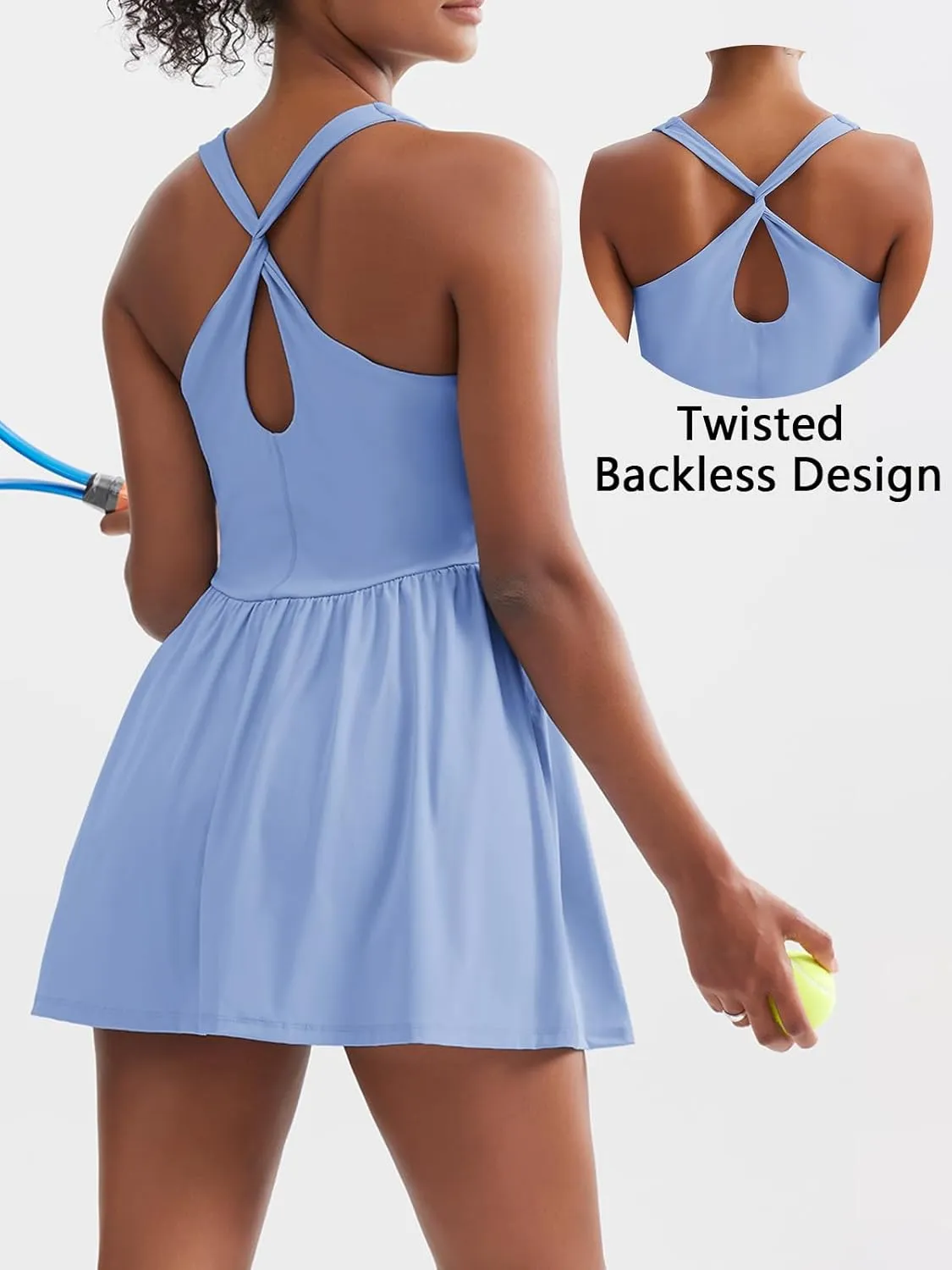 Sexyasasii Women's Summer Athletic Tennis Dress with Built in Shorts and Bra Square Neck Workout Exercise Active Golf Dresses