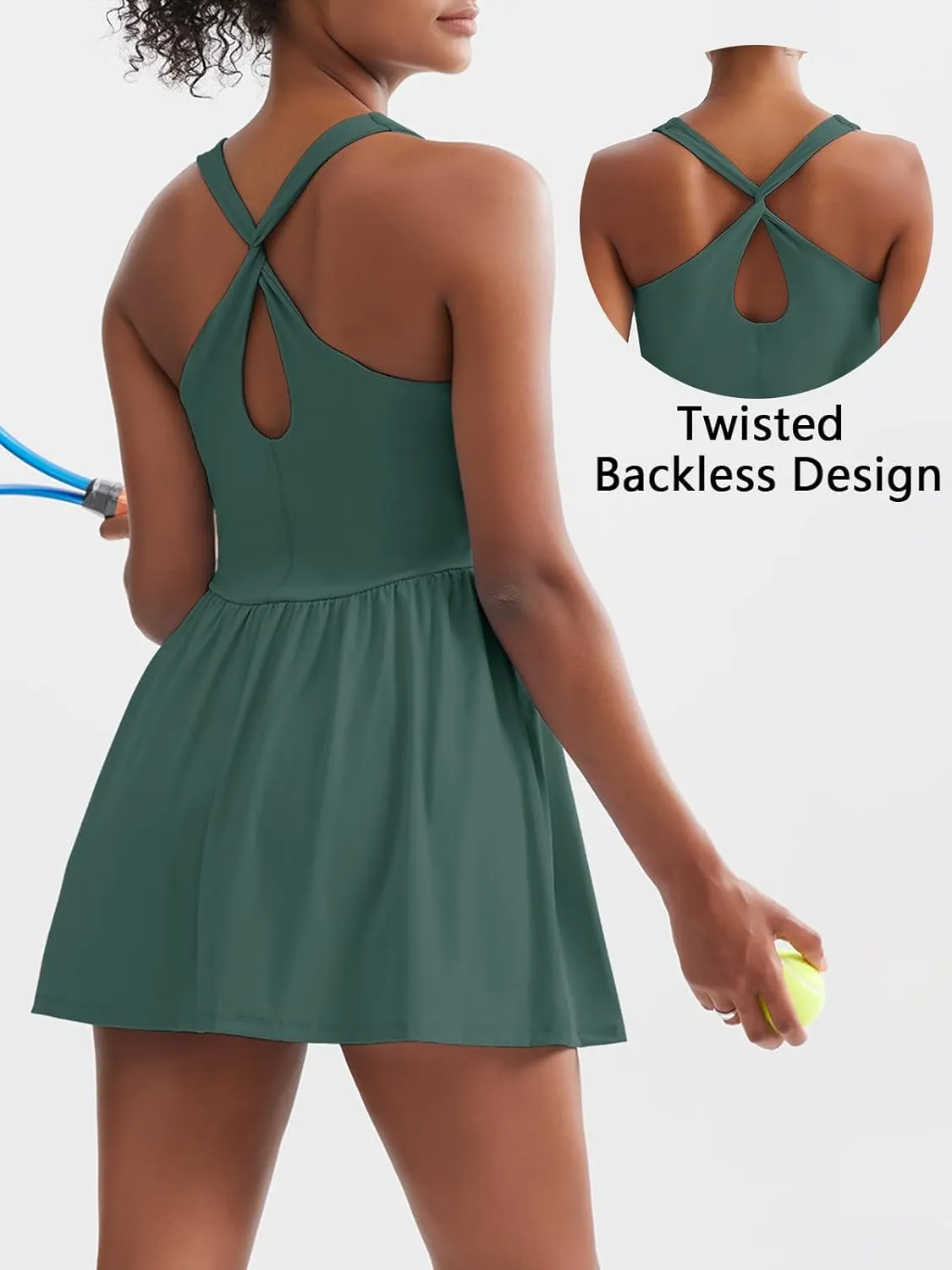 Sexyasasii Women's Summer Athletic Tennis Dress with Built in Shorts and Bra Square Neck Workout Exercise Active Golf Dresses