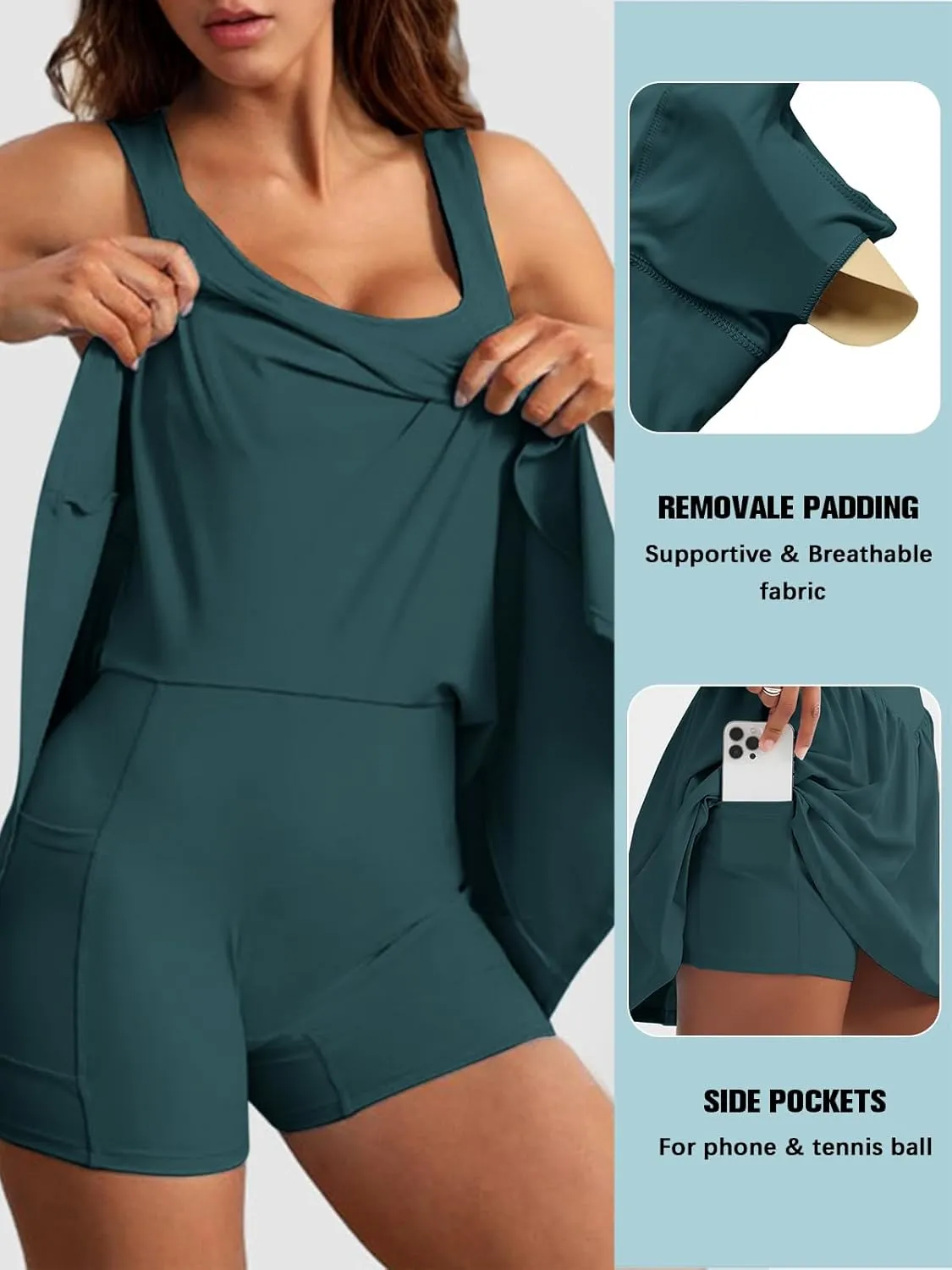 Sexyasasii Women's Summer Athletic Tennis Dress with Built in Shorts and Bra Square Neck Workout Exercise Active Golf Dresses