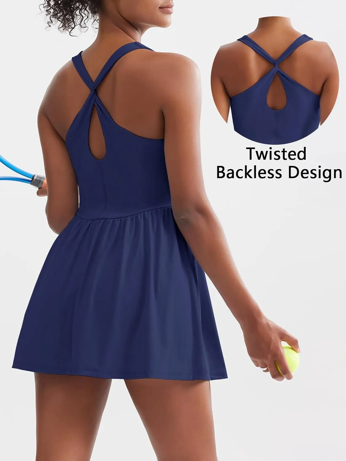 Sexyasasii Women's Summer Athletic Tennis Dress with Built in Shorts and Bra Square Neck Workout Exercise Active Golf Dresses